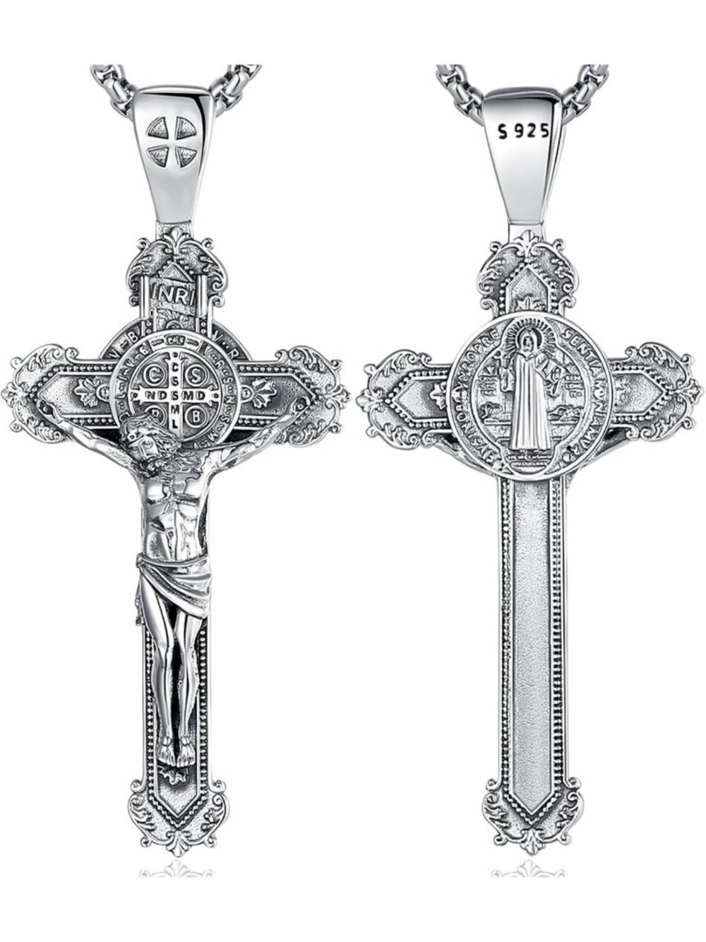 925 Sterling Silver Saint Benedict & St Michael Pendant Necklace - Religious